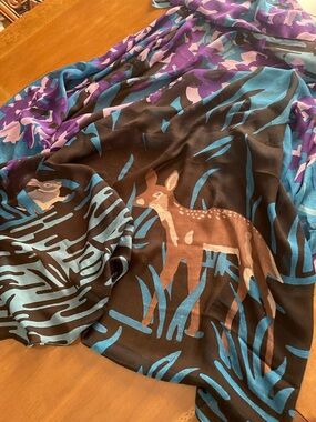 Coach silk Nature Print Scarf /wrap with Deer Motif in Brown, Blue & Purple.